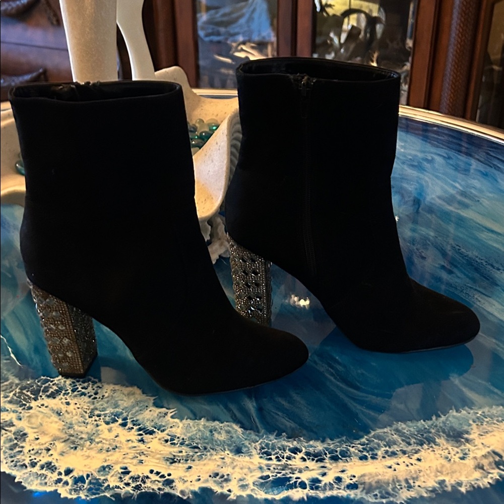 BAMBOO Black Boots with Bejeweled Heel